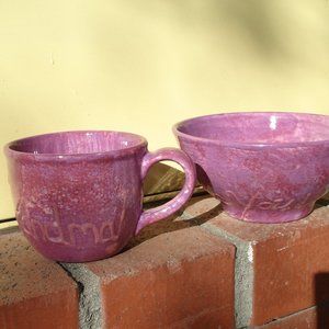 #1 Grandma ceramic cup & I love you ceramic bowl in sponge purple